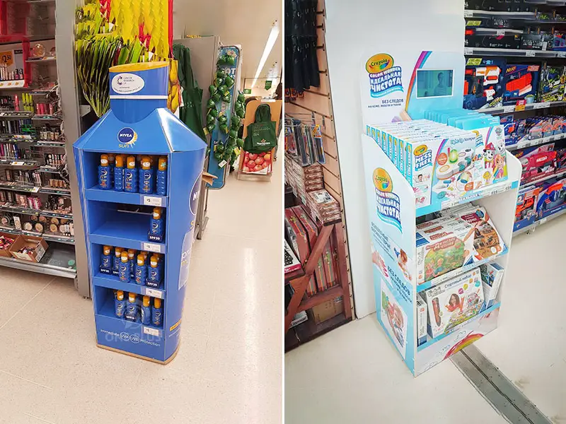 Paper display rack in a retail store setting