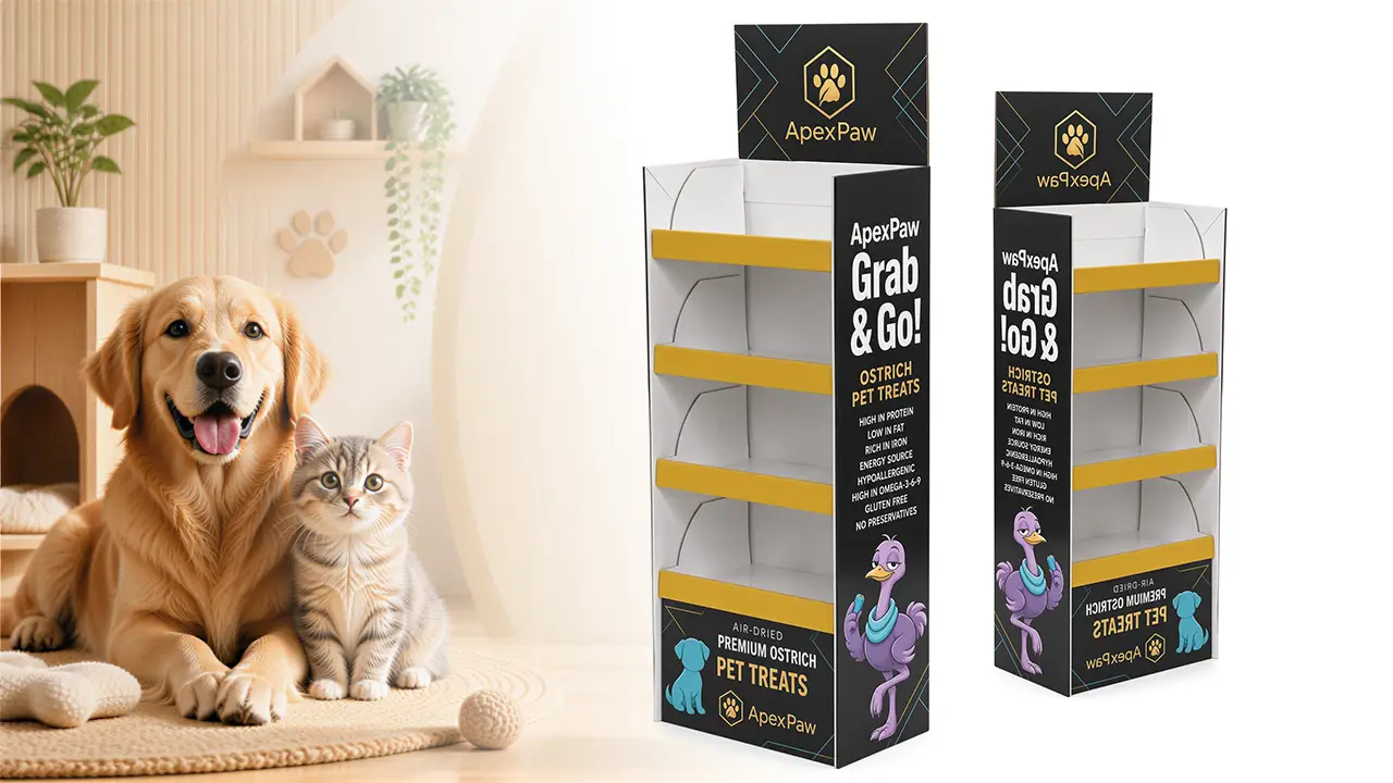Corrugated cardboard floor-standing display stand for pet products