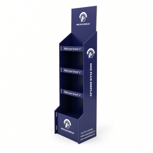 Four-tier floor paper display rack with plastic slide clips for retail customization