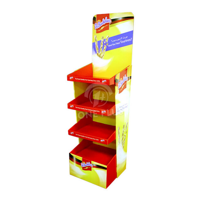 Four-tier corrugated cardboard snack display stand with half-covered side panels