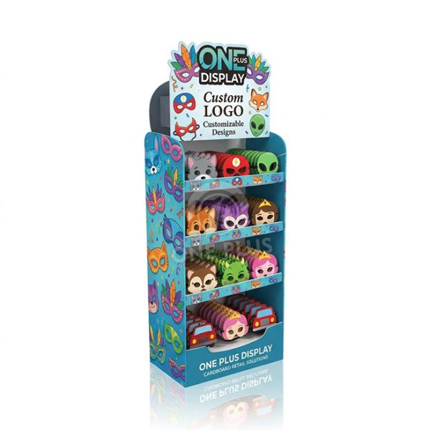 Floor-standing corrugated cardboard display stand for cartoon toys and party masks in retail stores