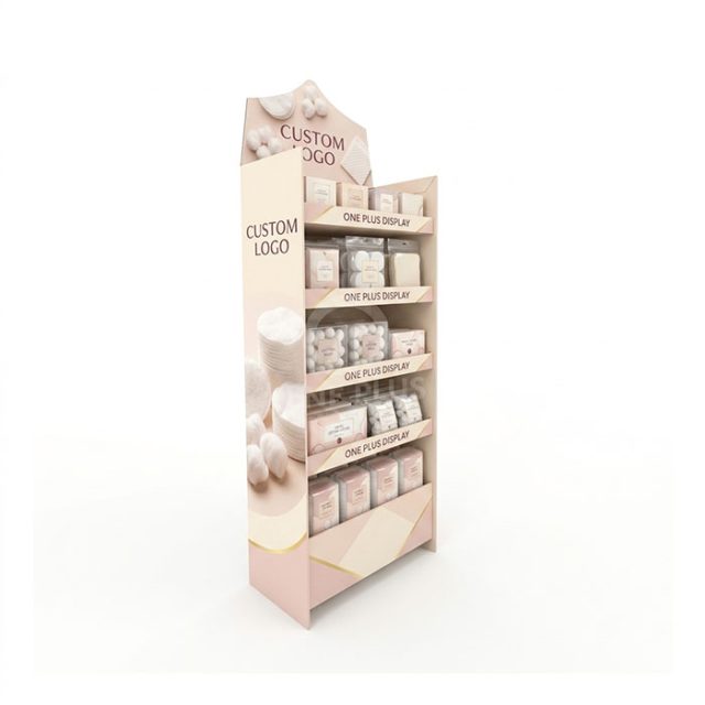 Floor-standing corrugated cardboard display stand for cosmetics, cotton pads and skincare samples