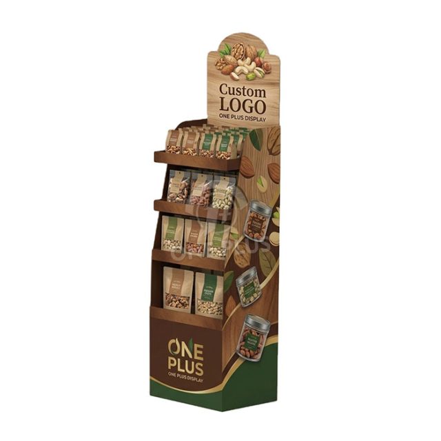 Floor-standing corrugated cardboard display stand with multiple tiers for nuts and dried fruit snacks