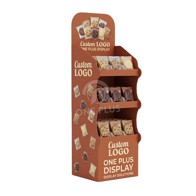 Floor-standing corrugated cardboard display stand for cookies and snacks with custom logo