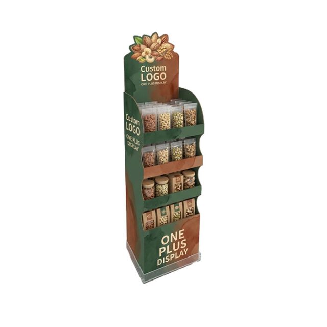 Floor-standing corrugated cardboard display stand for nuts and snacks with custom logo printing