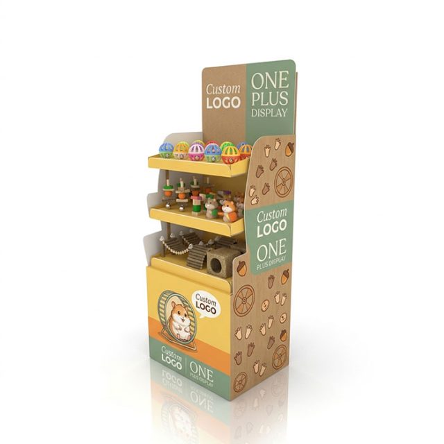 Three-tier floor-standing corrugated cardboard PDQ display stand for hamster pet supplies