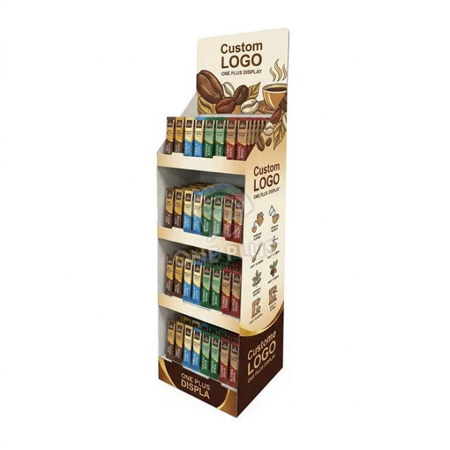 Custom floor-standing corrugated cardboard display stand for coffee beans and bagged drinks