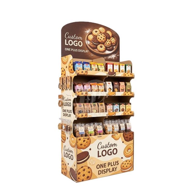 Custom corrugated cardboard floor-standing display stand for cookies and snacks in supermarkets