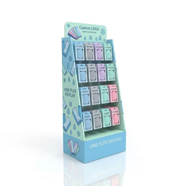 Custom floor-standing corrugated cardboard display stand with hooks for sunscreen products