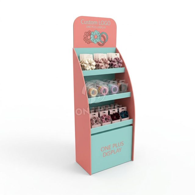 Floor-standing corrugated cardboard display stand for custom hair accessories and hair ties