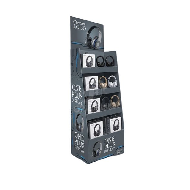Custom floor-standing corrugated cardboard display stand for multi-layer headphone retail showcasing