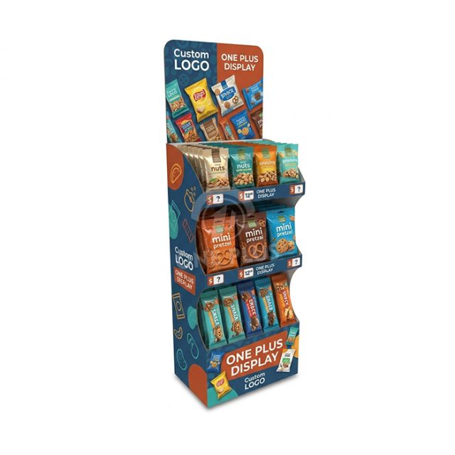 Custom floor-standing corrugated cardboard display stand for bagged nuts and snacks