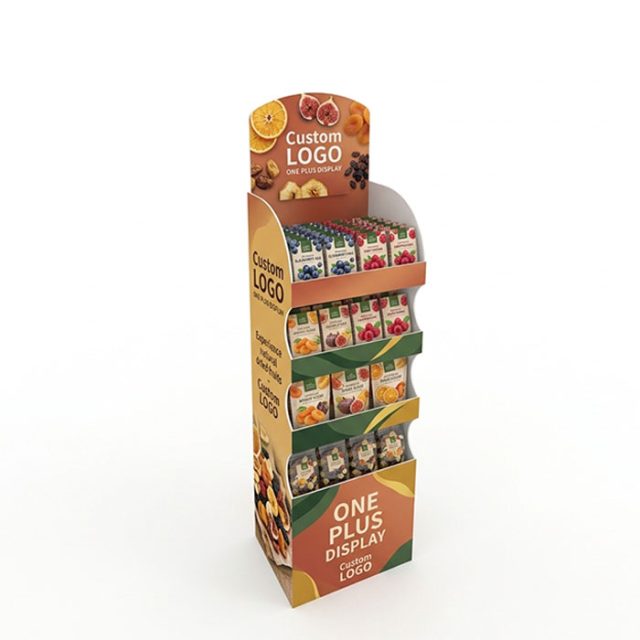 Custom corrugated cardboard floor-standing display stand for retail products