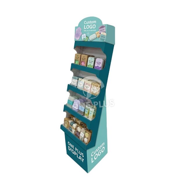 Custom floor-standing corrugated cardboard display stand for handmade soap and bath products
