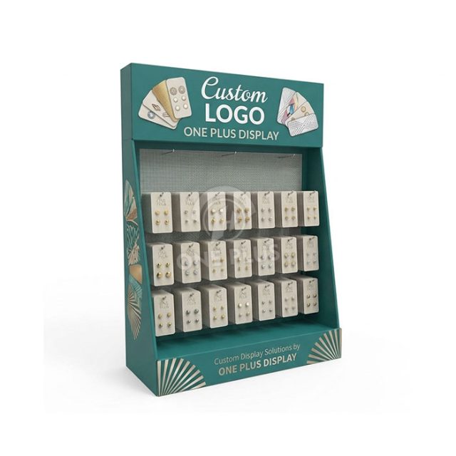 Countertop corrugated cardboard display stand with hooks for earring cards