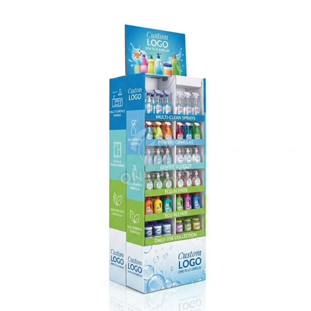 Floor-standing corrugated cardboard display stand with multiple tiers for bottled cleaning products