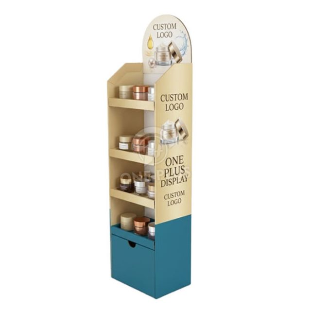 Floor-standing corrugated cardboard display stand for high-end cosmetics with bottom storage drawer