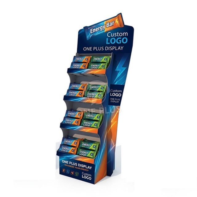 Four-tier floor-standing corrugated cardboard display stand for energy bar and protein bar promotions
