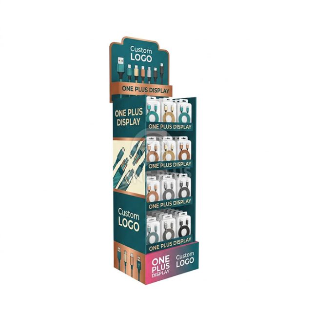 Floor-standing corrugated cardboard display stand with hooks for phone cables and accessories