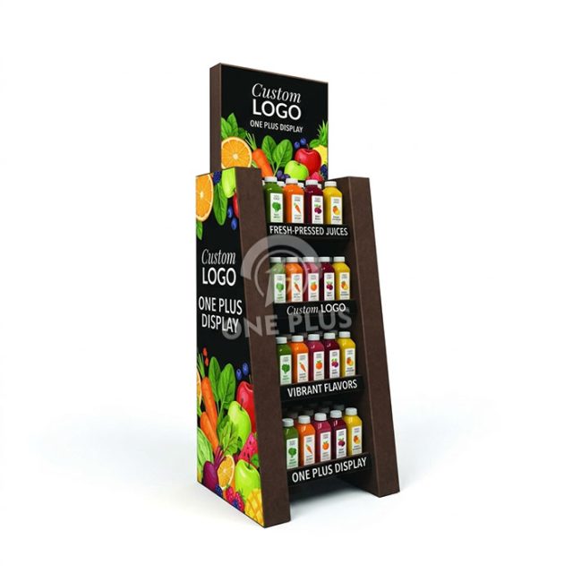 Floor-standing corrugated cardboard display stand for juice and beverage in supermarkets with custom logo printing