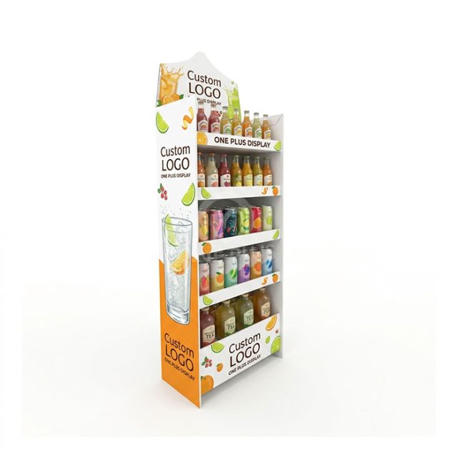 Floor-standing corrugated cardboard display stand for juice drinks with custom logo printing