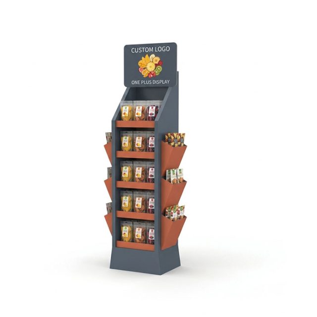 Floor-standing corrugated cardboard display stand with multiple side pockets for dried fruit and nuts