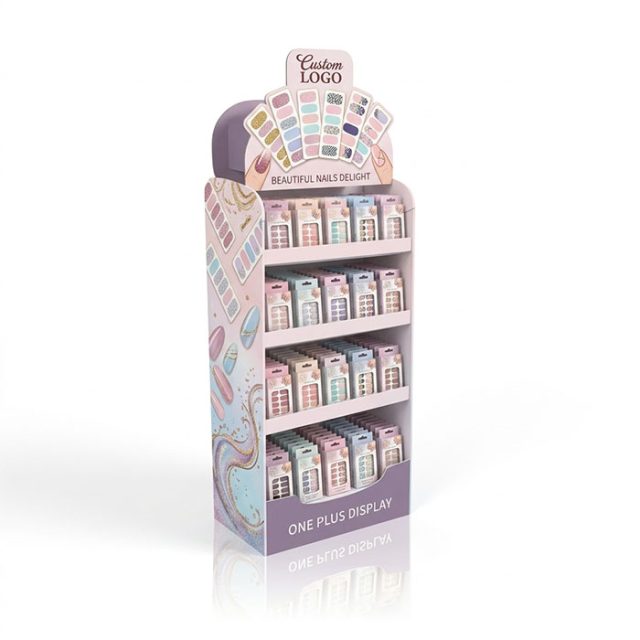 Floor-standing corrugated cardboard display stand for nail stickers and beauty products