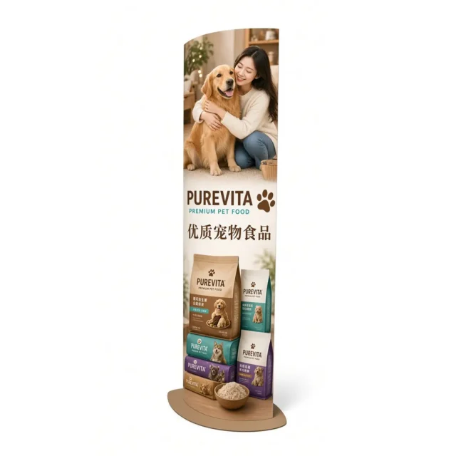 Double-sided floor standee with portrait for pet food store traffic