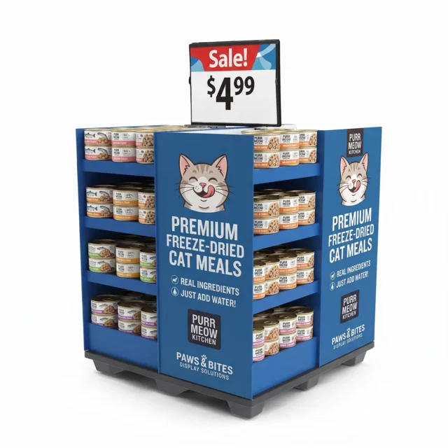 Pet freeze-dried cat food pallet display for holiday supermarket promotion