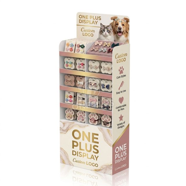 Floor-standing corrugated cardboard display rack for pet hair accessories and bow hair clips
