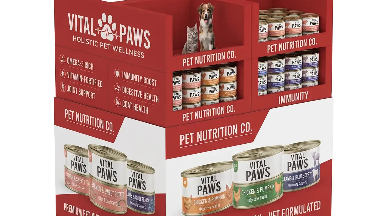 Stackable PDQ display for pet nutrition cans in warehouse club aisle