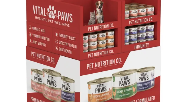 Stackable PDQ display for pet nutrition cans in warehouse club aisle