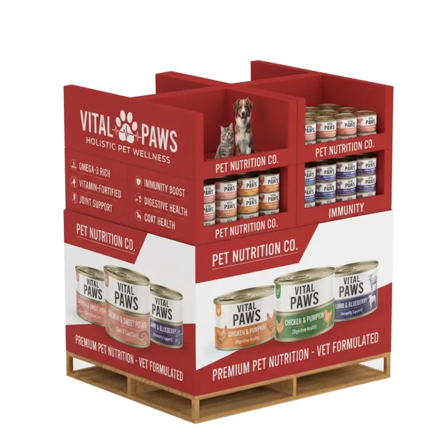 Stackable PDQ display for pet nutrition cans in warehouse club aisle