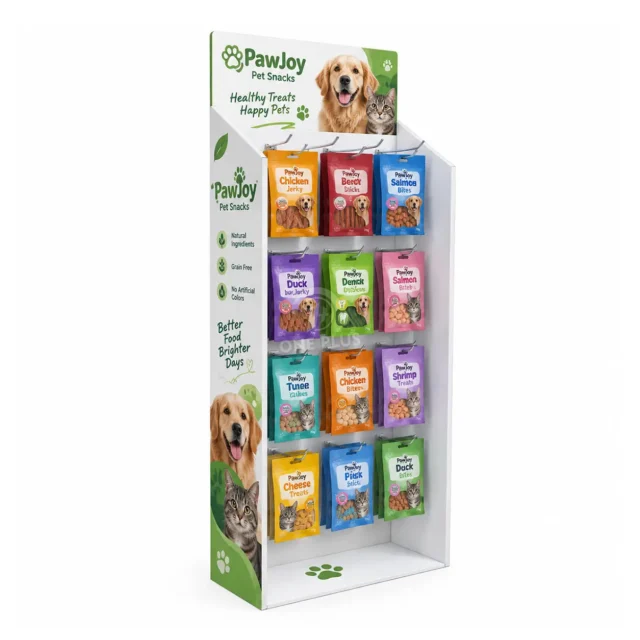 Adjustable pegboard hook display rack for pet snack promotion