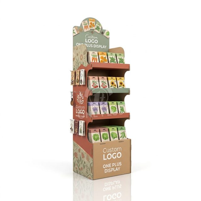 Floor-standing corrugated cardboard display stand for seed paper products in supermarkets
